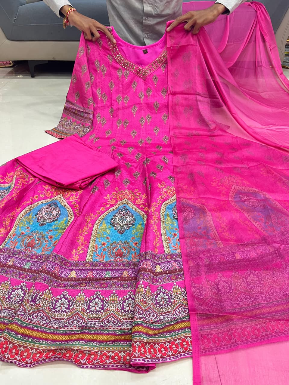 Noor-e-Gulab Chinon Handwork Anarkali Kurti Pant & Dupatta