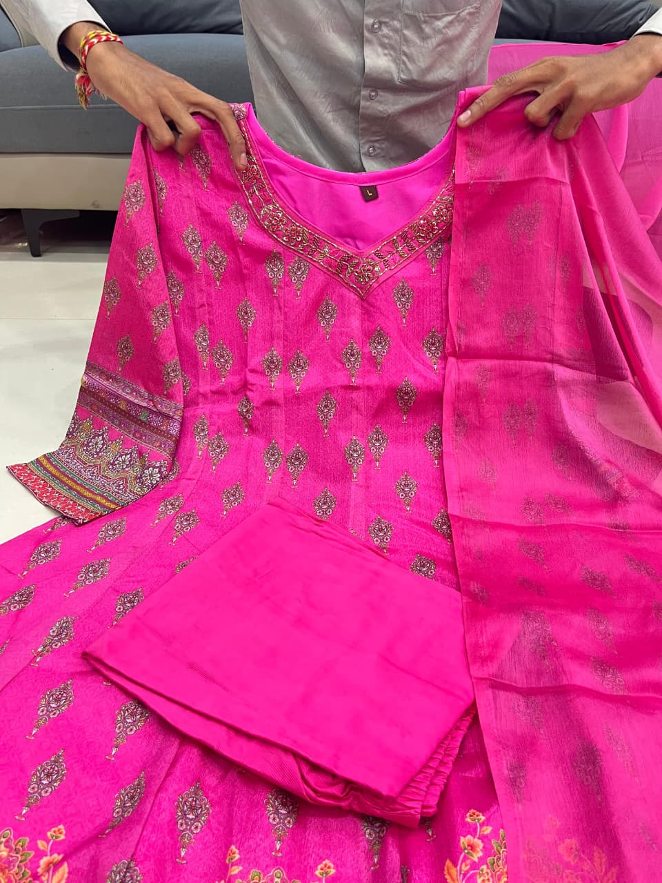 Noor-e-Gulab Chinon Handwork Anarkali Kurti Pant & Dupatta