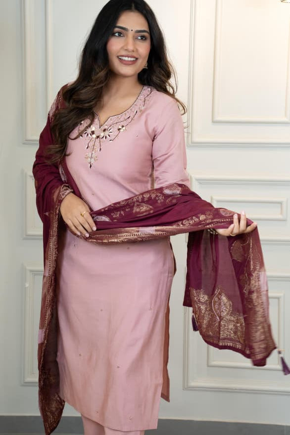 Gulabkari Charm Roman Silk Handwork Suit Set