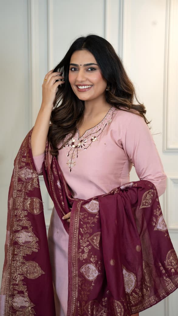 Gulabkari Charm Roman Silk Handwork Suit Set