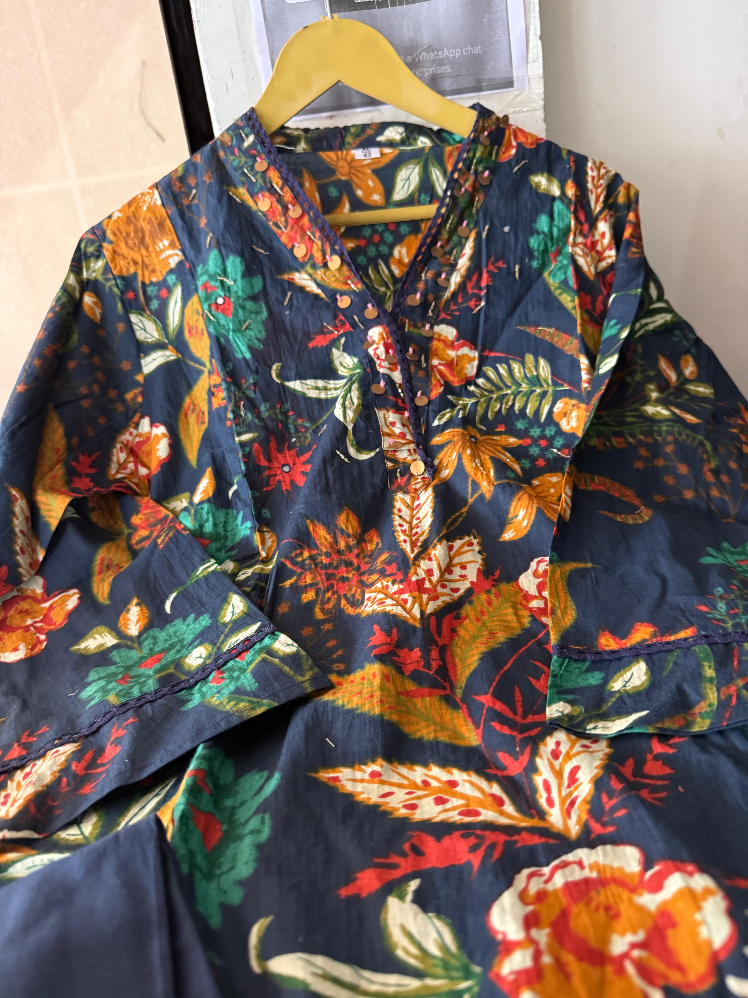 Heavy Cotton Blue Mirage A-Line Kurti Set