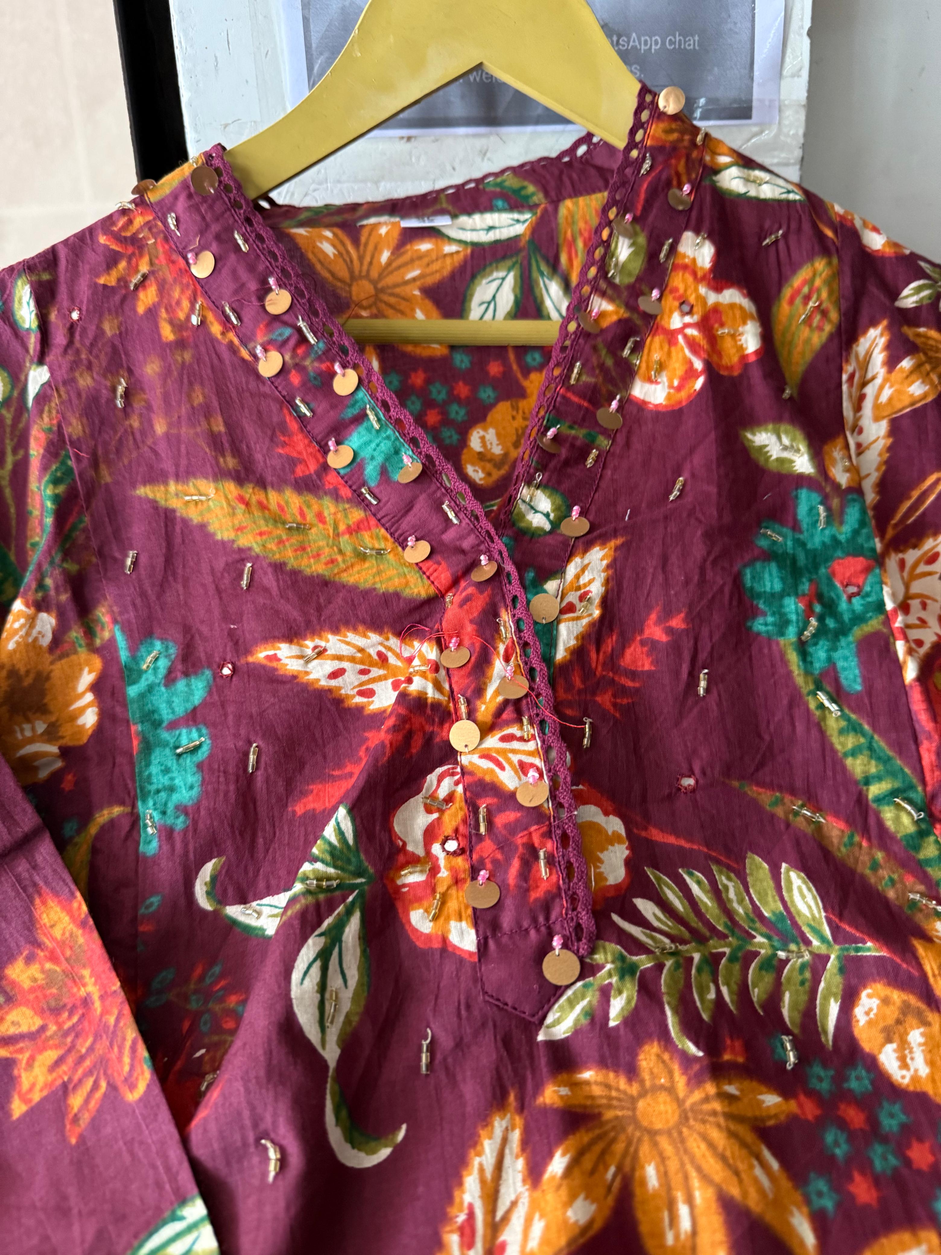 Heavy Cotton Maroon Mirage A-Line Kurti Set