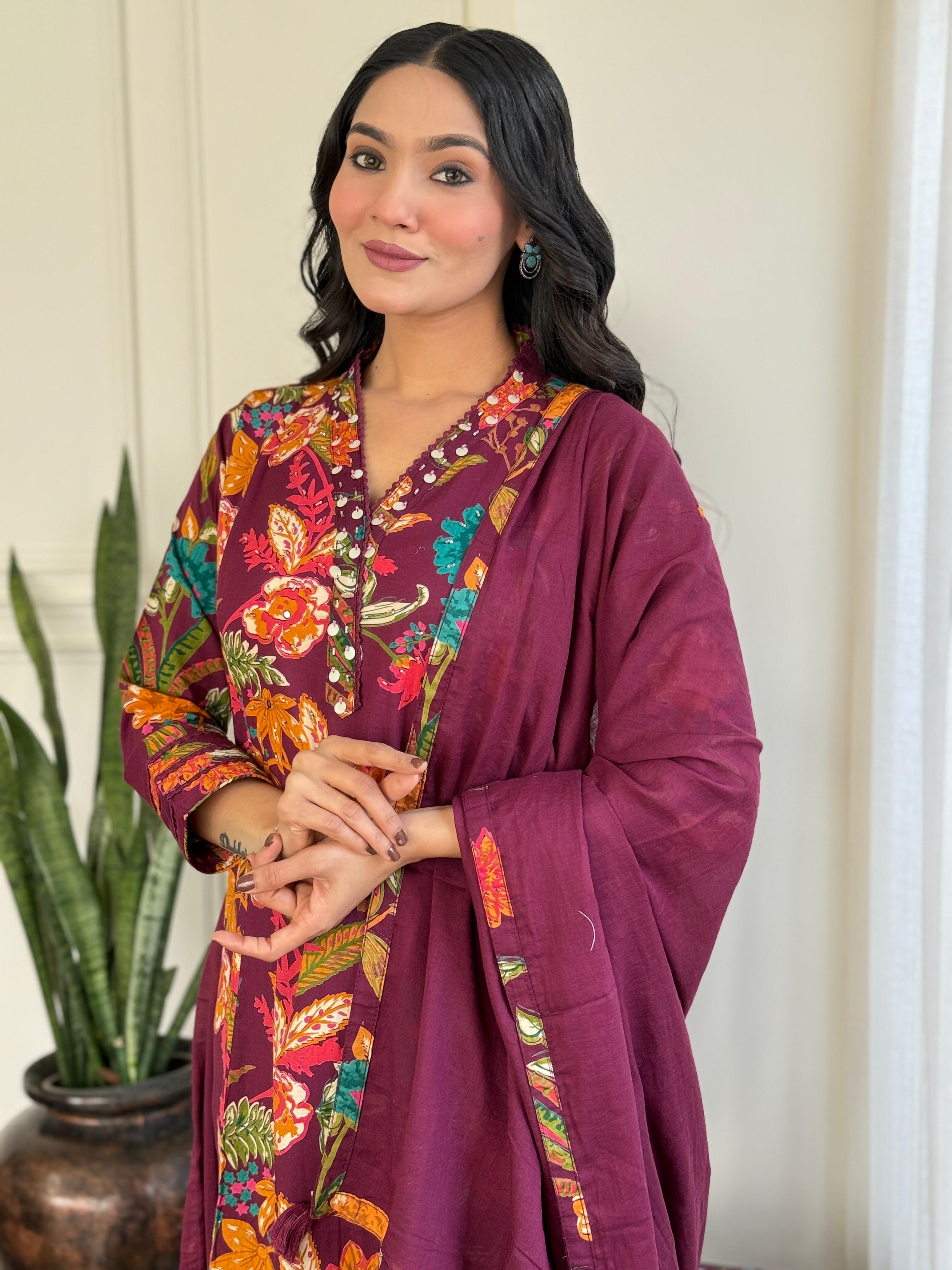 Heavy Cotton Maroon Mirage A-Line Kurti Set