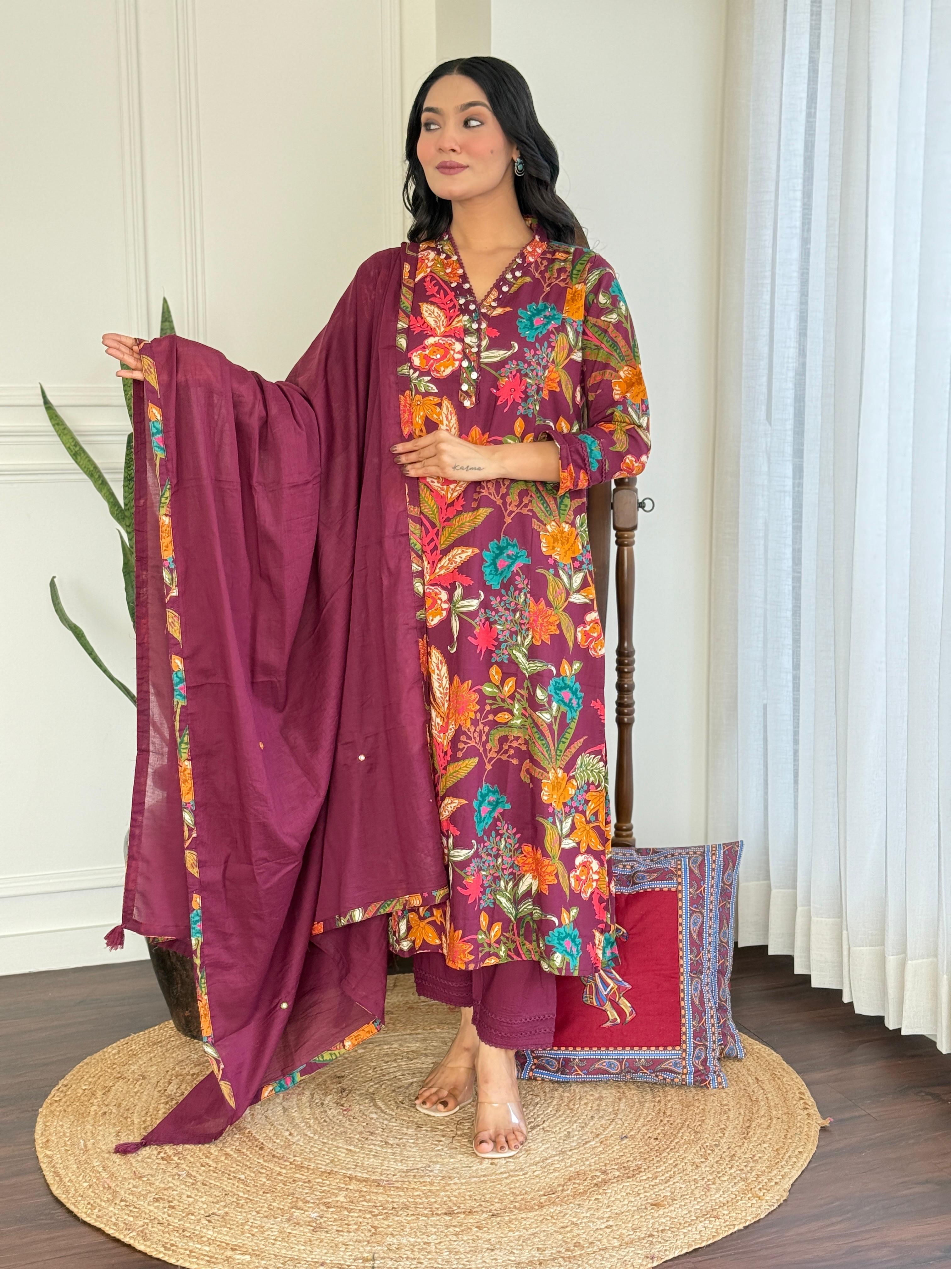 Heavy Cotton Maroon Mirage A-Line Kurti Set
