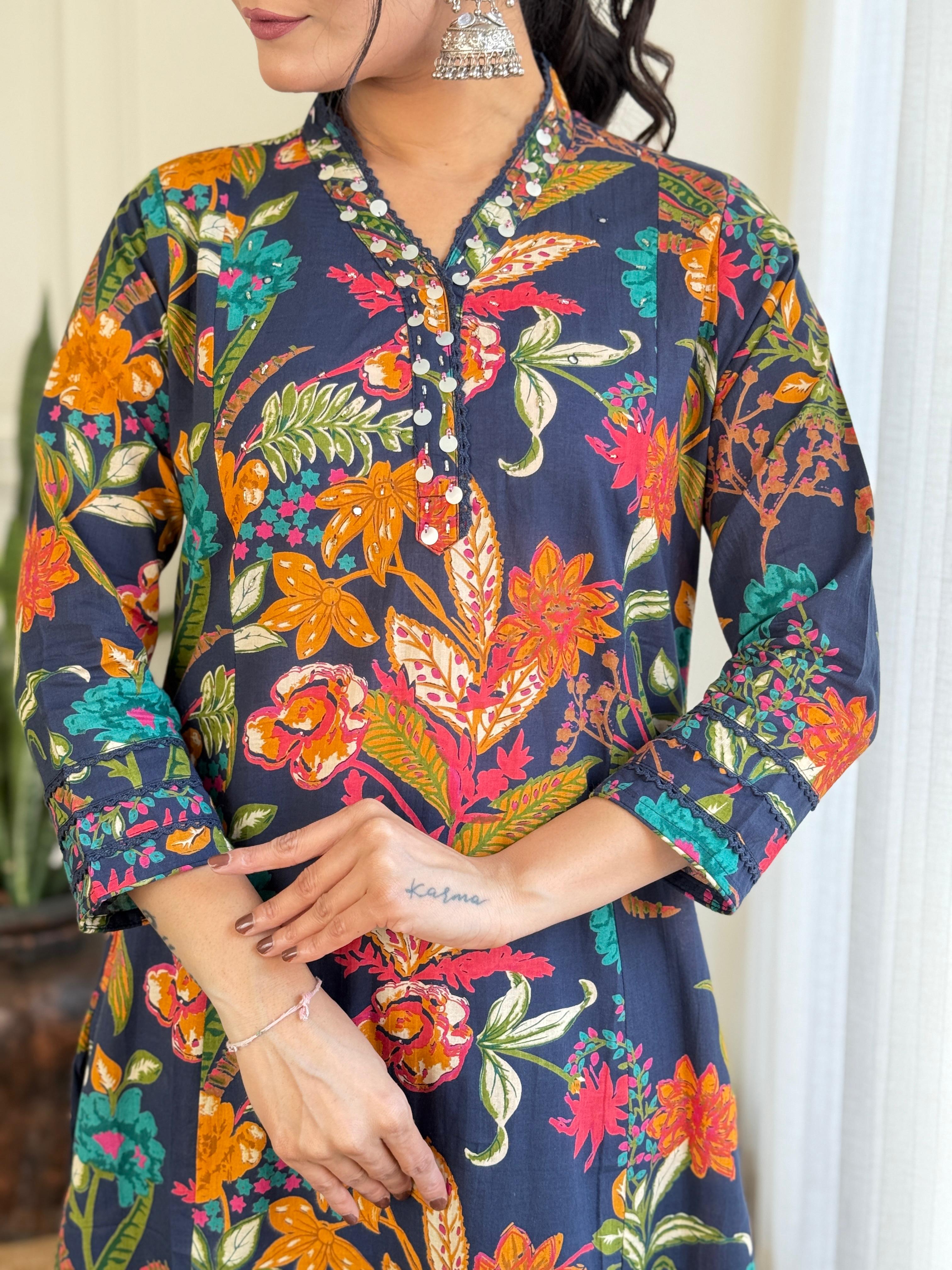 Heavy Cotton Blue Mirage A-Line Kurti Set