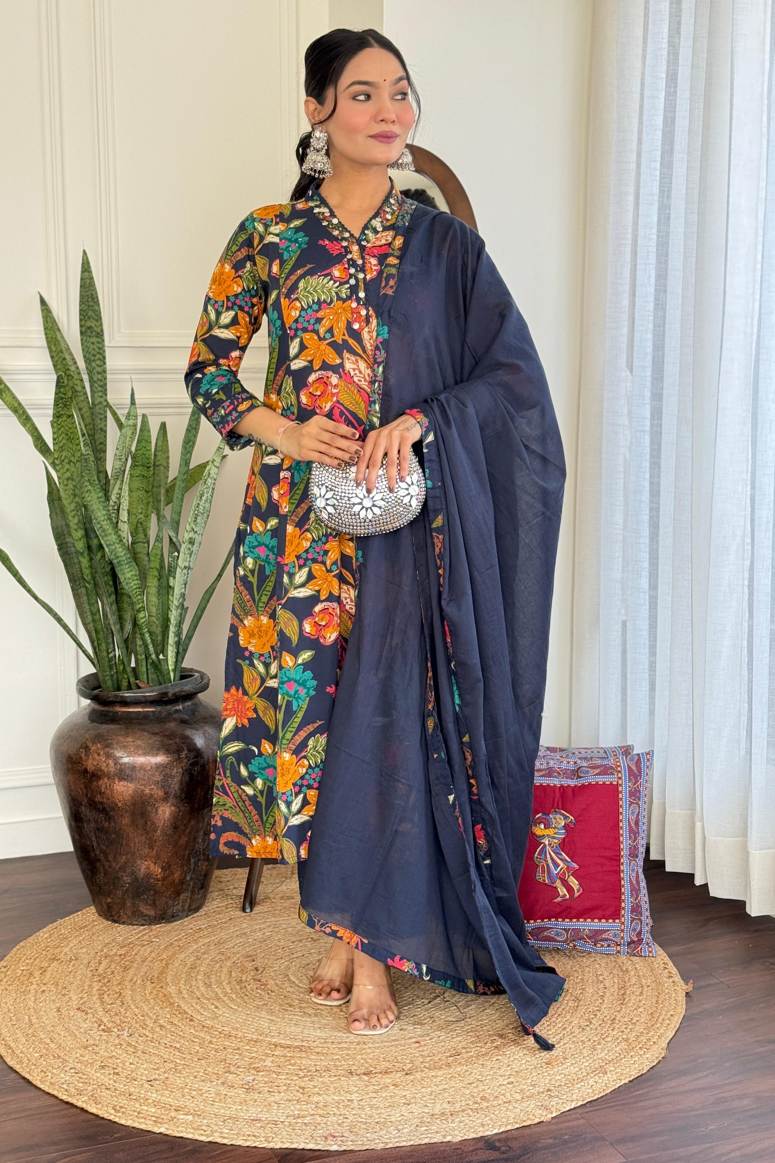 Heavy Cotton Blue Mirage A-Line Kurti Set