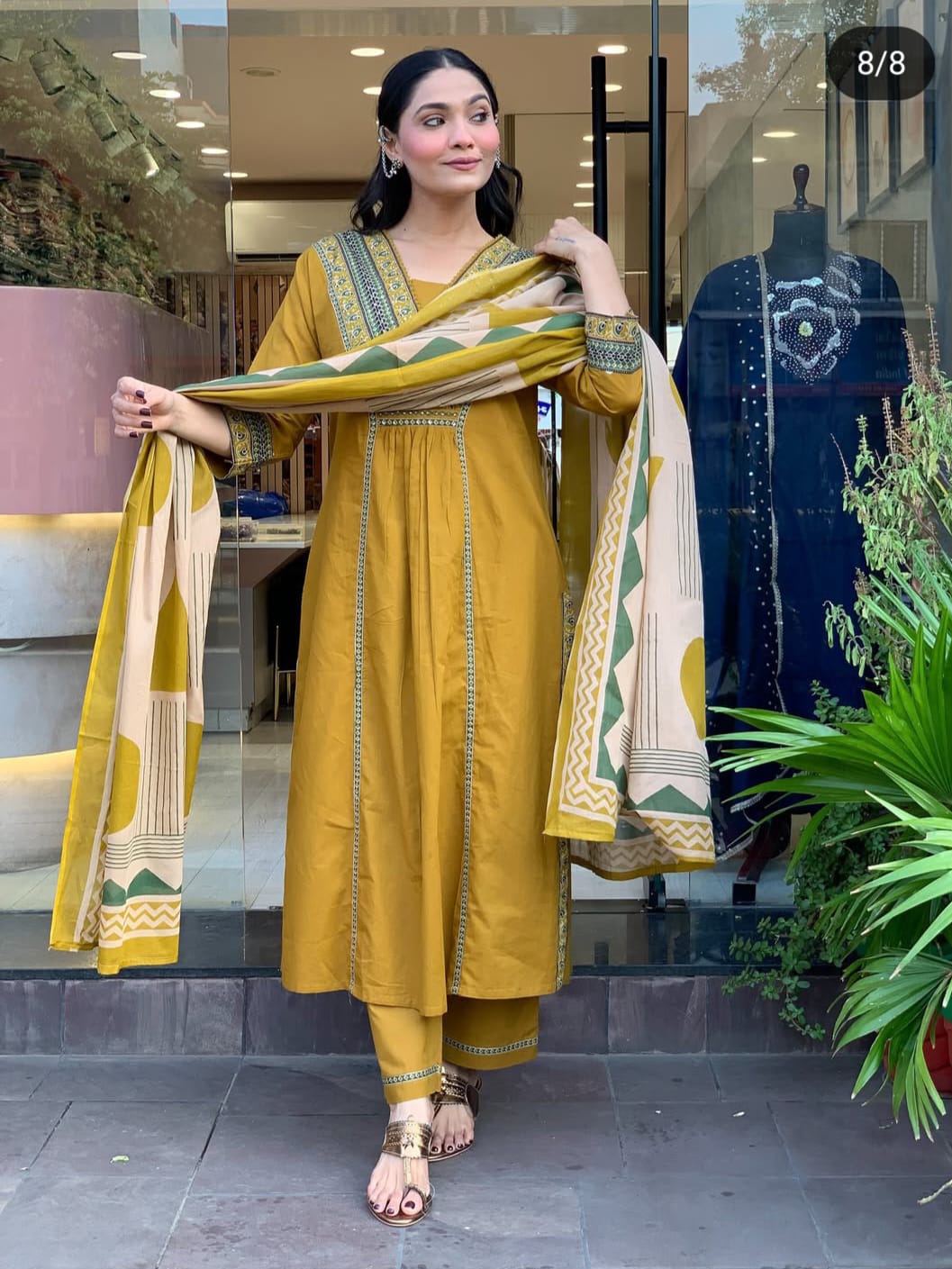 Vasanta Yellow Katha Thread & Sequin Work Cotton Slub Suit Set