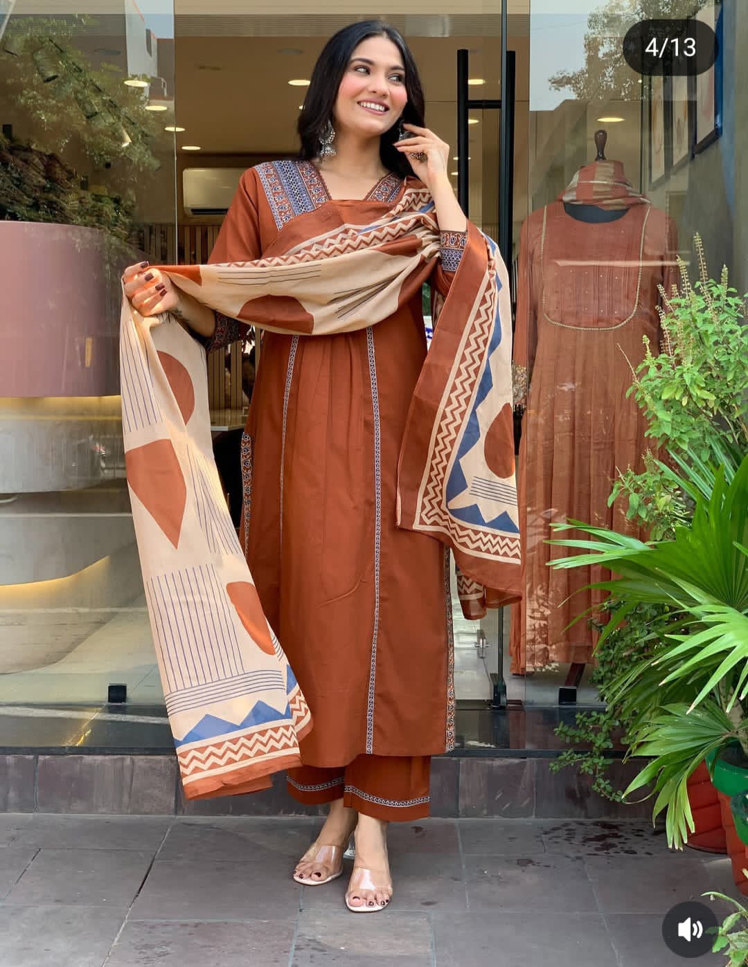 Vasanta Orange Katha Thread & Sequin Work Cotton Slub Suit Set