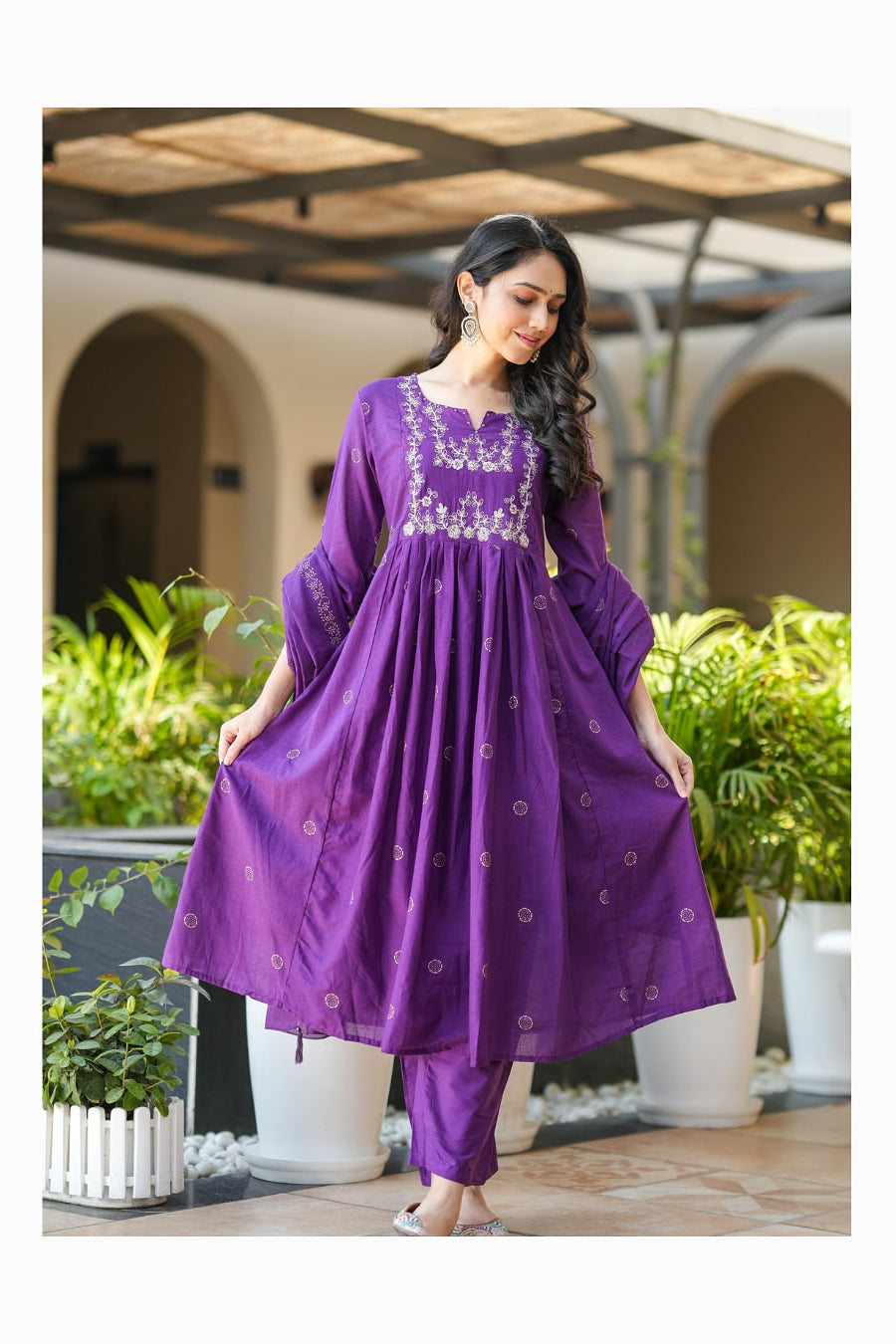 Noorani Purple Rayon Slub Embroidered Kurti Pant Dupatta Set