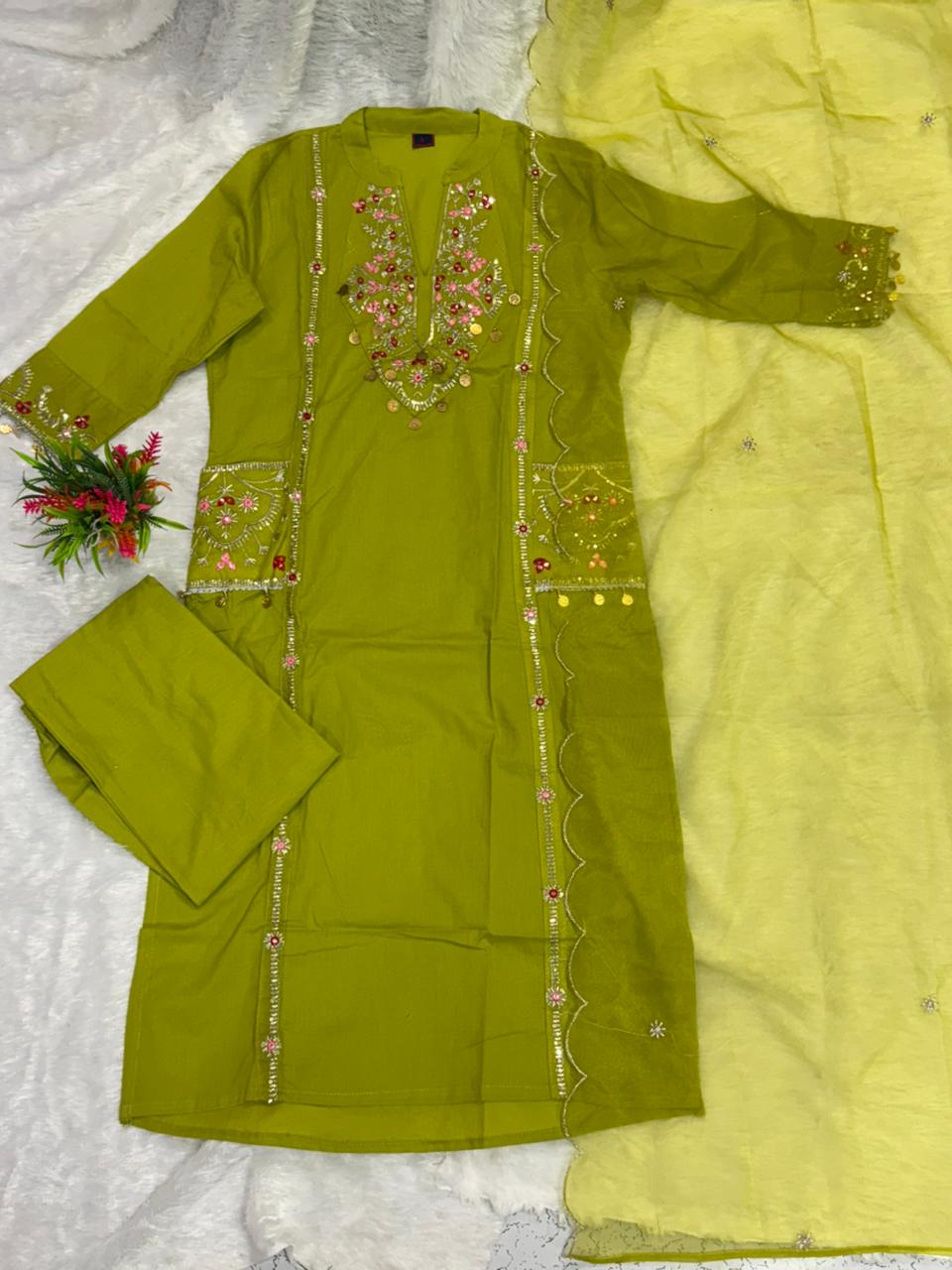 Organza Cutwork Embroidered Cotton Kurti Pant Dupatta Set