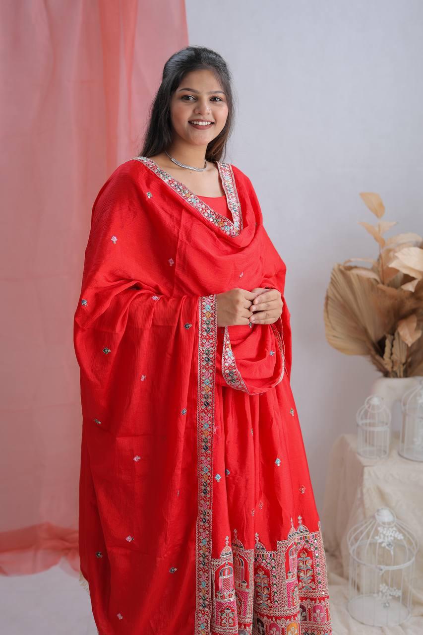 Royal Pure Chinon Silk Embroidered Gown Pant Dupatta Set