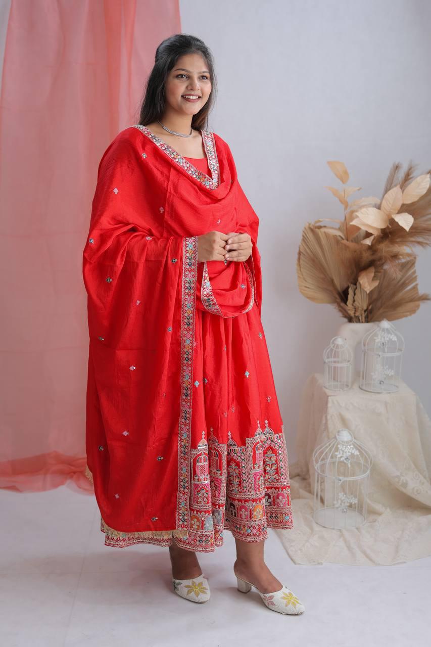 Royal Pure Chinon Silk Embroidered Gown Pant Dupatta Set