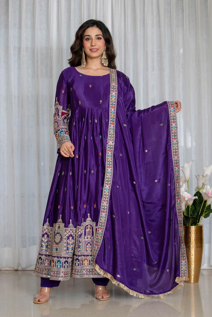 chinon silk dress Denim Blue Chinon Silk Gown with Heavy Embroidered Front & Back Jacket, S