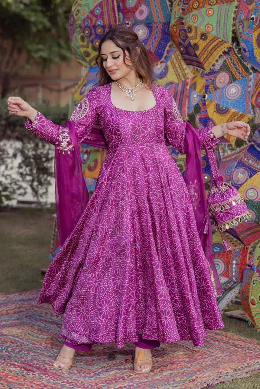 Chinon Gown With Dupatta & Plazo Set