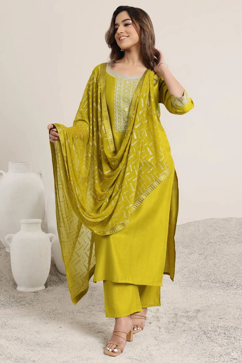 Rayon Slub Embroidered Kurta Pant Dupatta Set