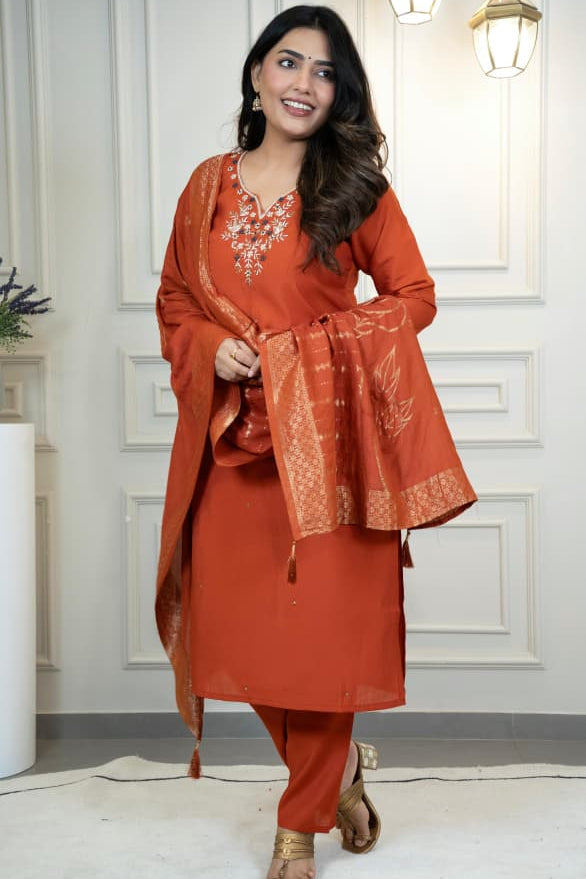 Roman Silk Handwork Kurti Pant Dupatta Set