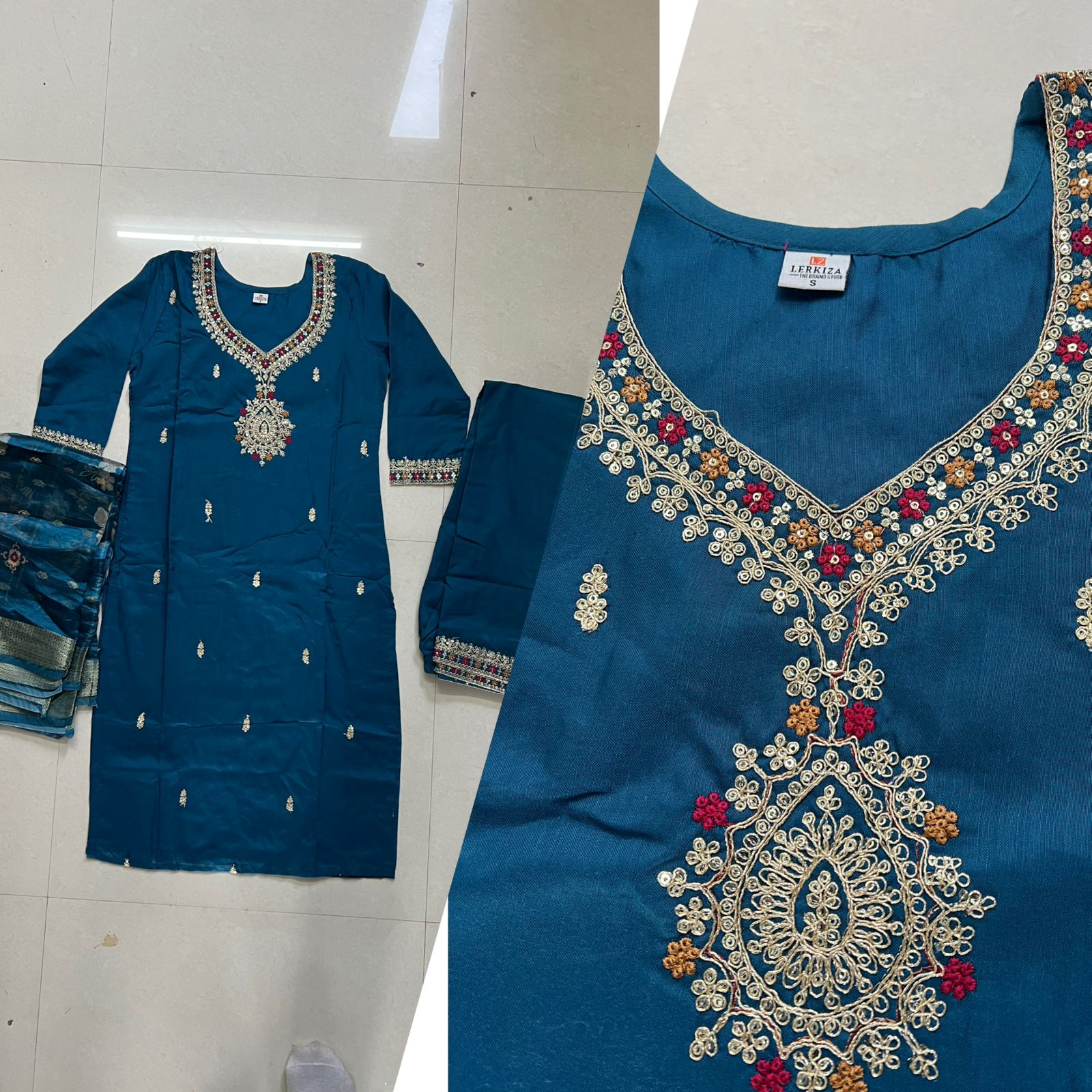 Sequins Embroidered Cotton Suit Set