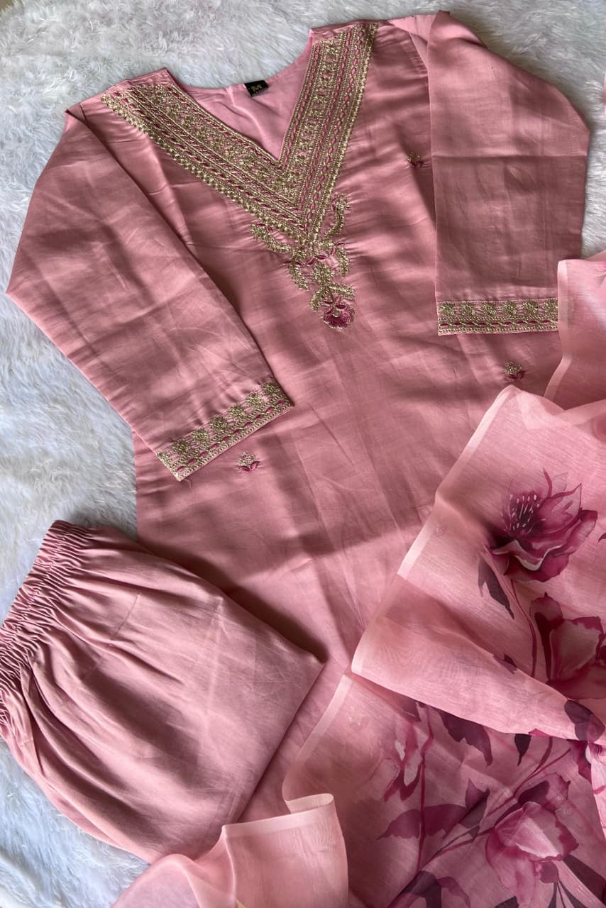 Zarina Peach Roman Silk Embroidered Suit Set