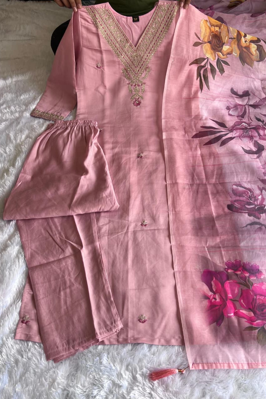 Zarina Peach Roman Silk Embroidered Suit Set