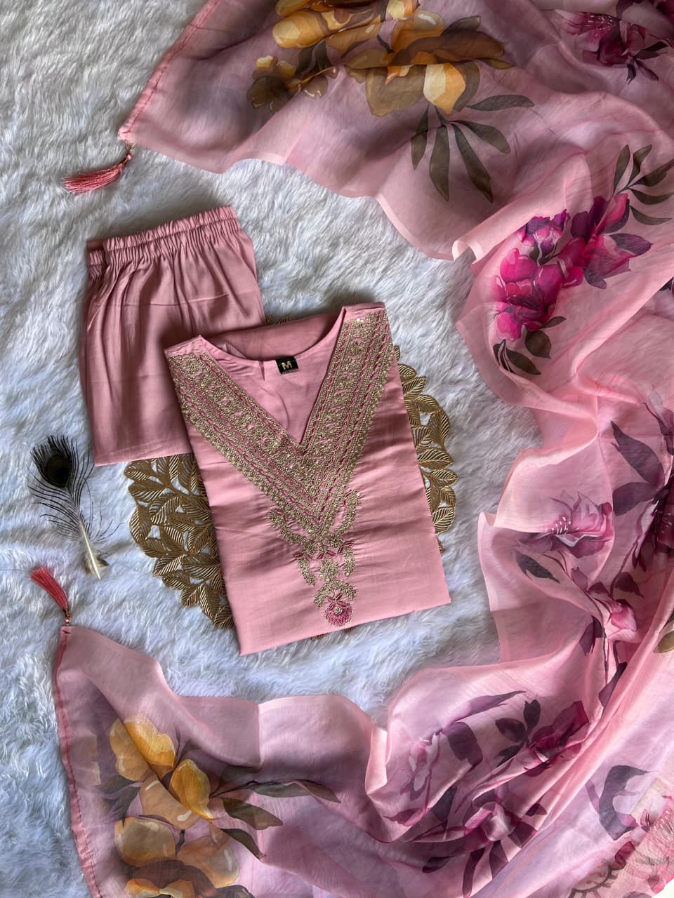 Zarina Peach Roman Silk Embroidered Suit Set