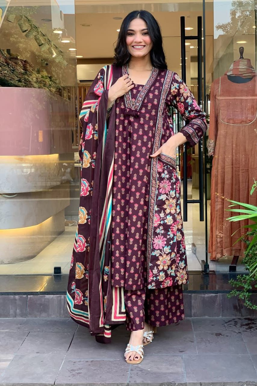 Rani Rang Angrakha Anarkali Cotton 3-Piece Set