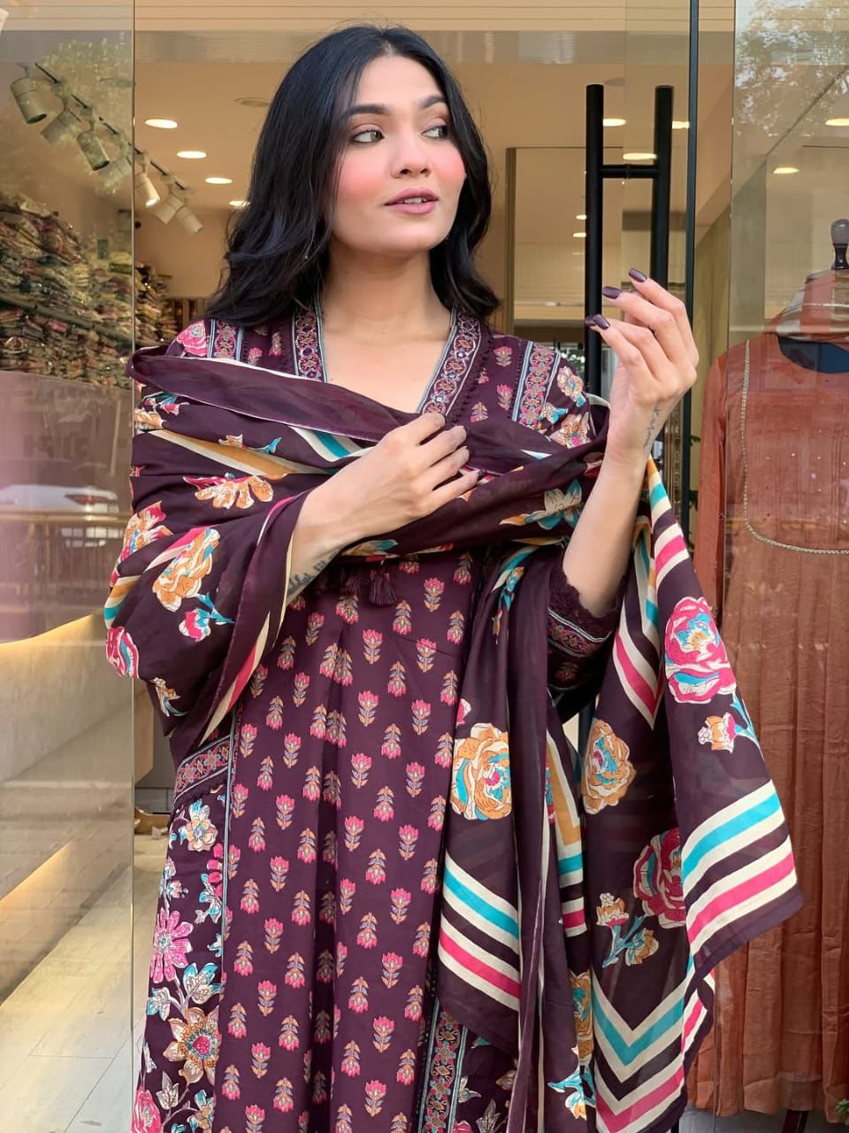 Rani Rang Angrakha Anarkali Cotton 3-Piece Set