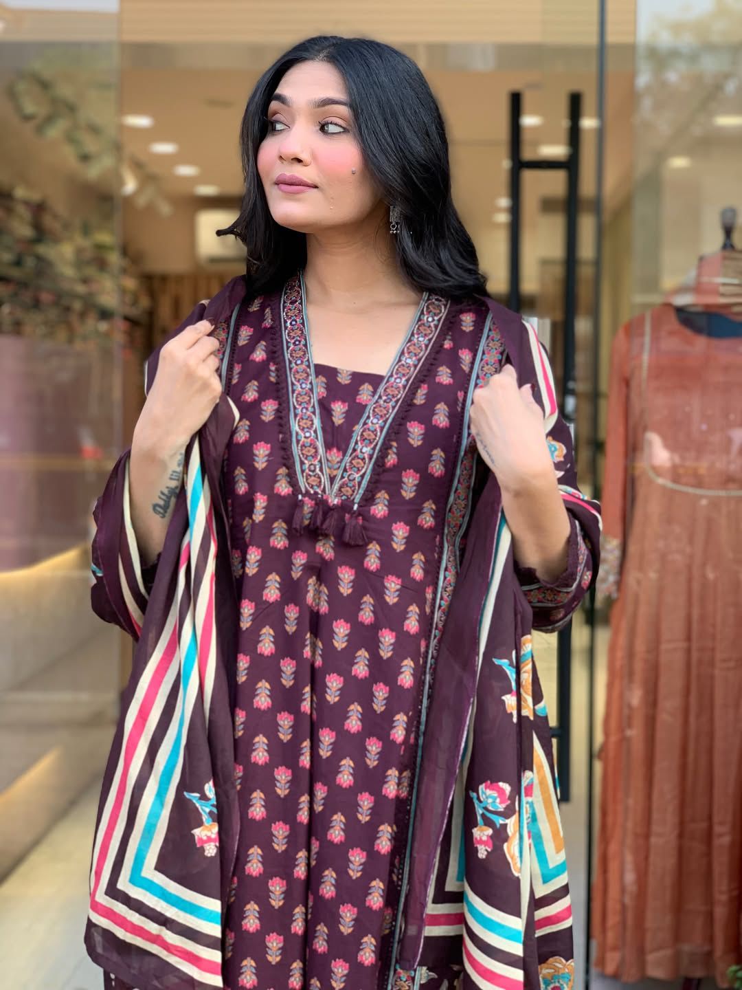 Rani Rang Angrakha Anarkali Cotton 3-Piece Set