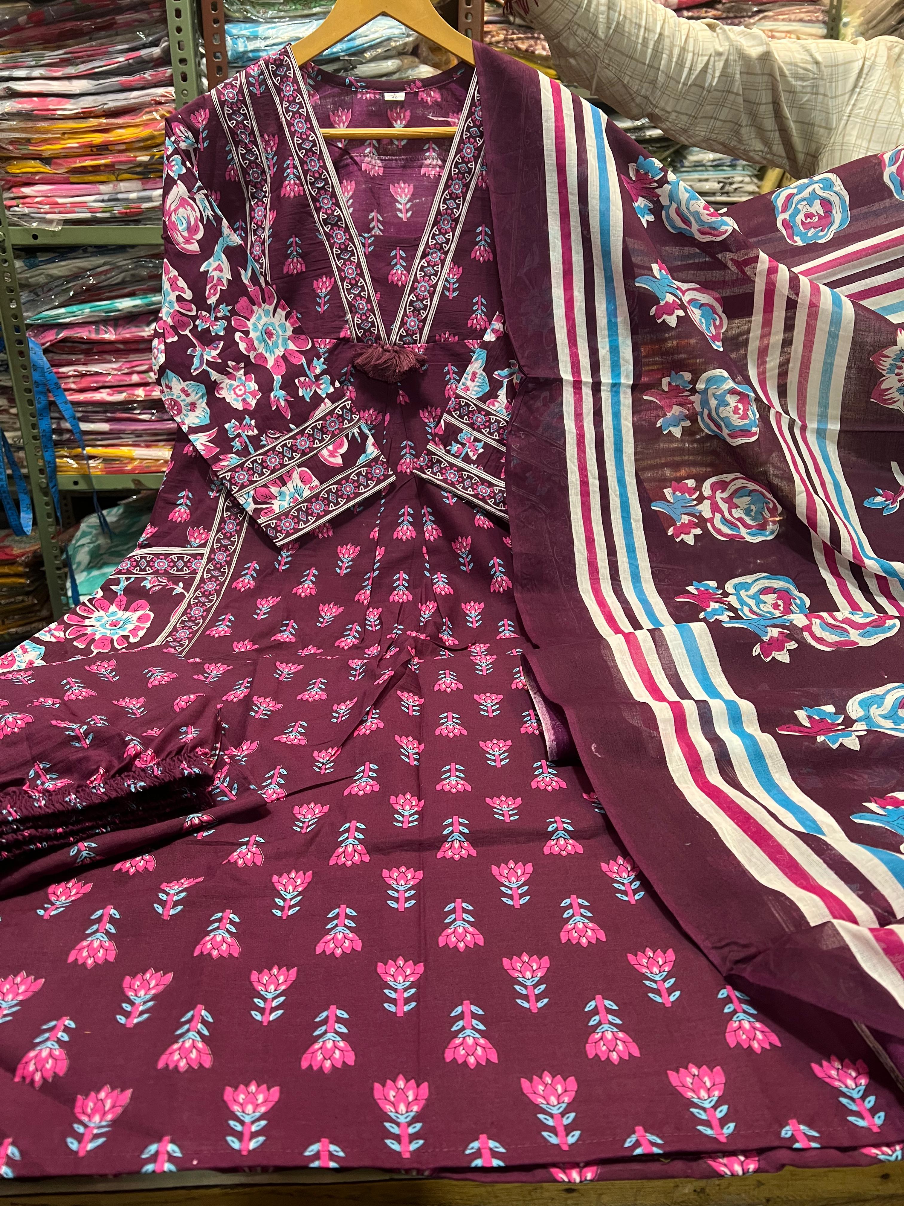 Rani Rang Angrakha Anarkali Cotton 3-Piece Set