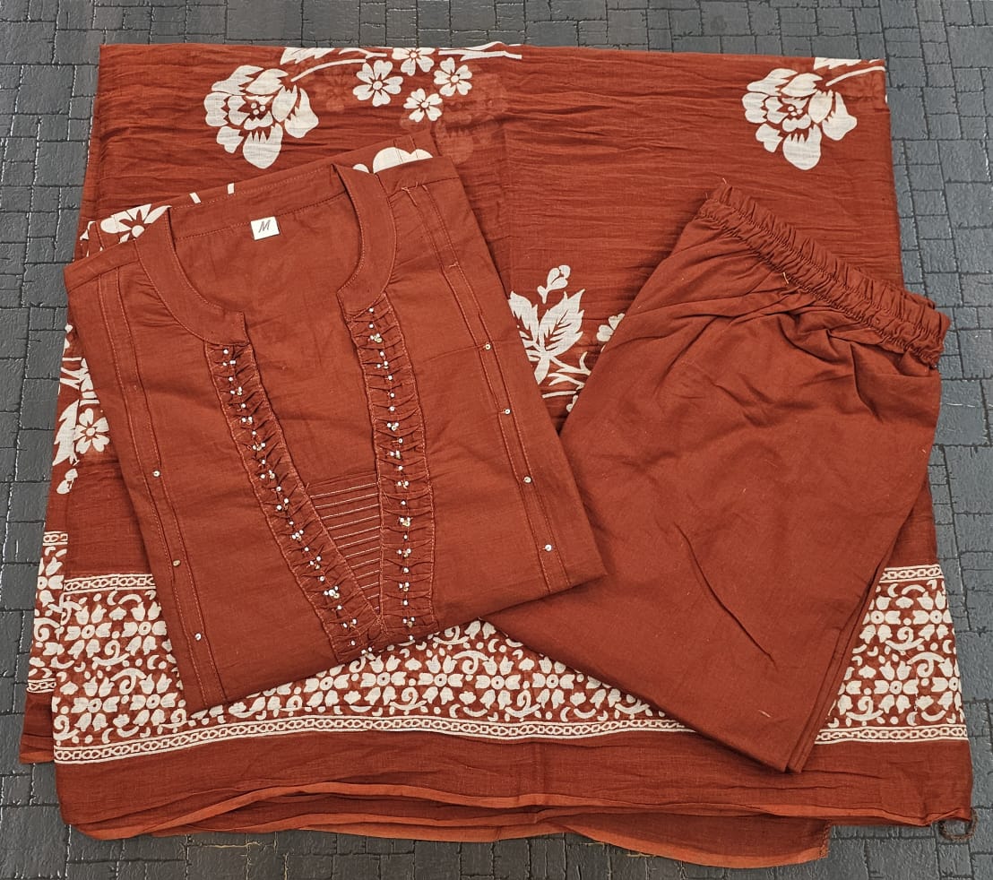 Nazaakat Handcrafted Cotton Kurti Pant Dupatta Set