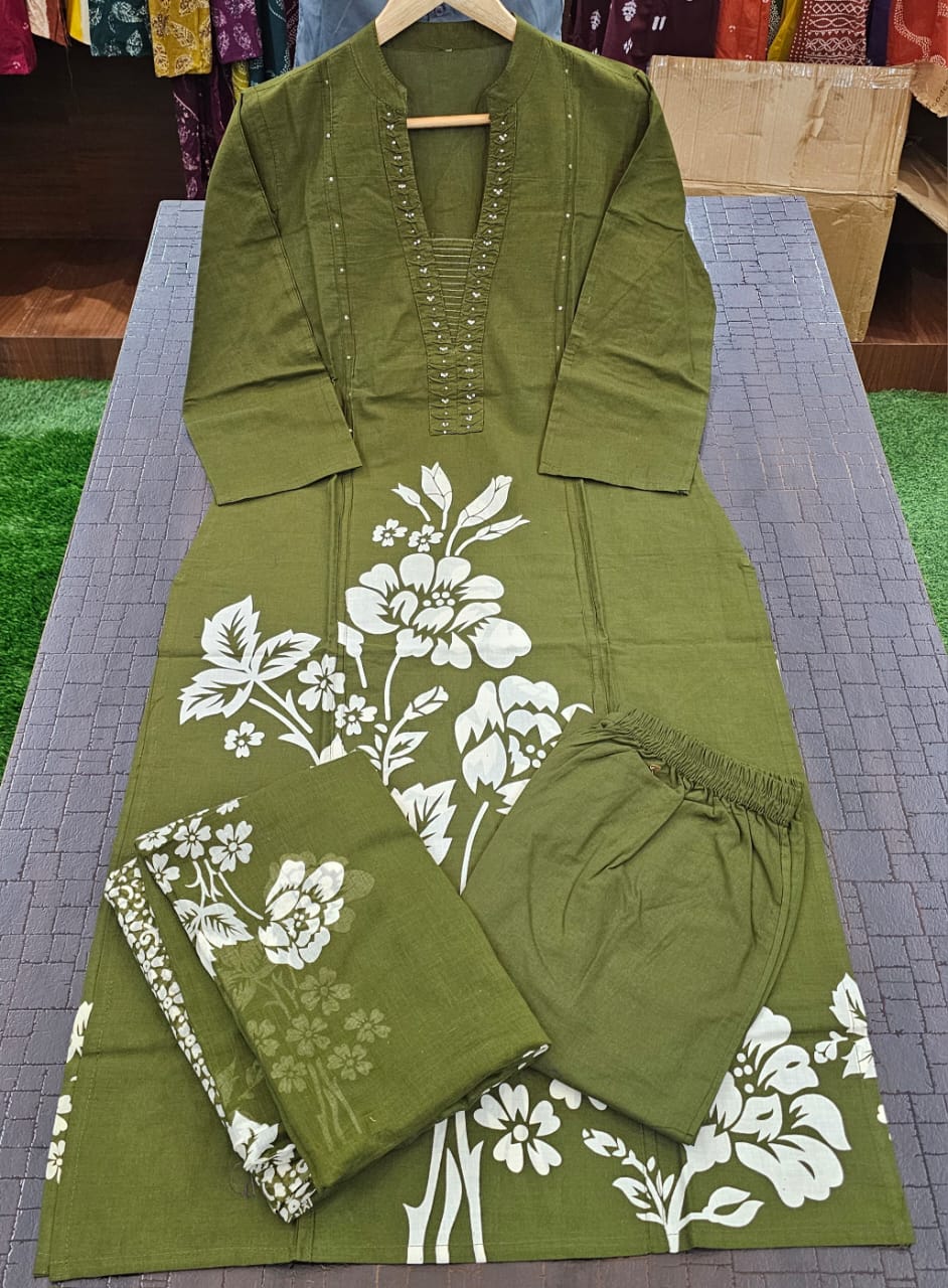 Nazaakat Handcrafted Cotton Kurti Pant Dupatta Set