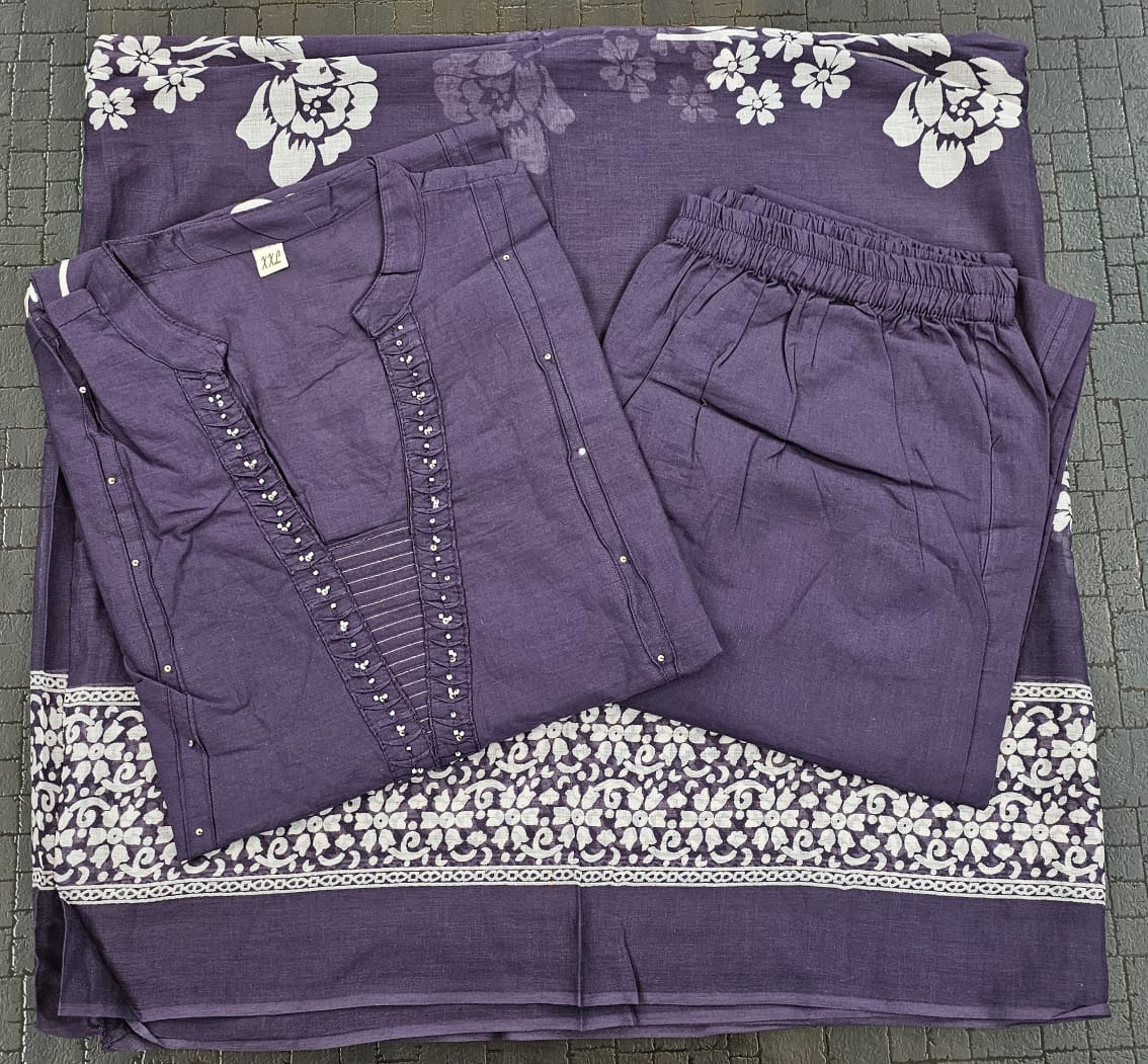 Nazaakat Handcrafted Cotton Kurti Pant Dupatta Set