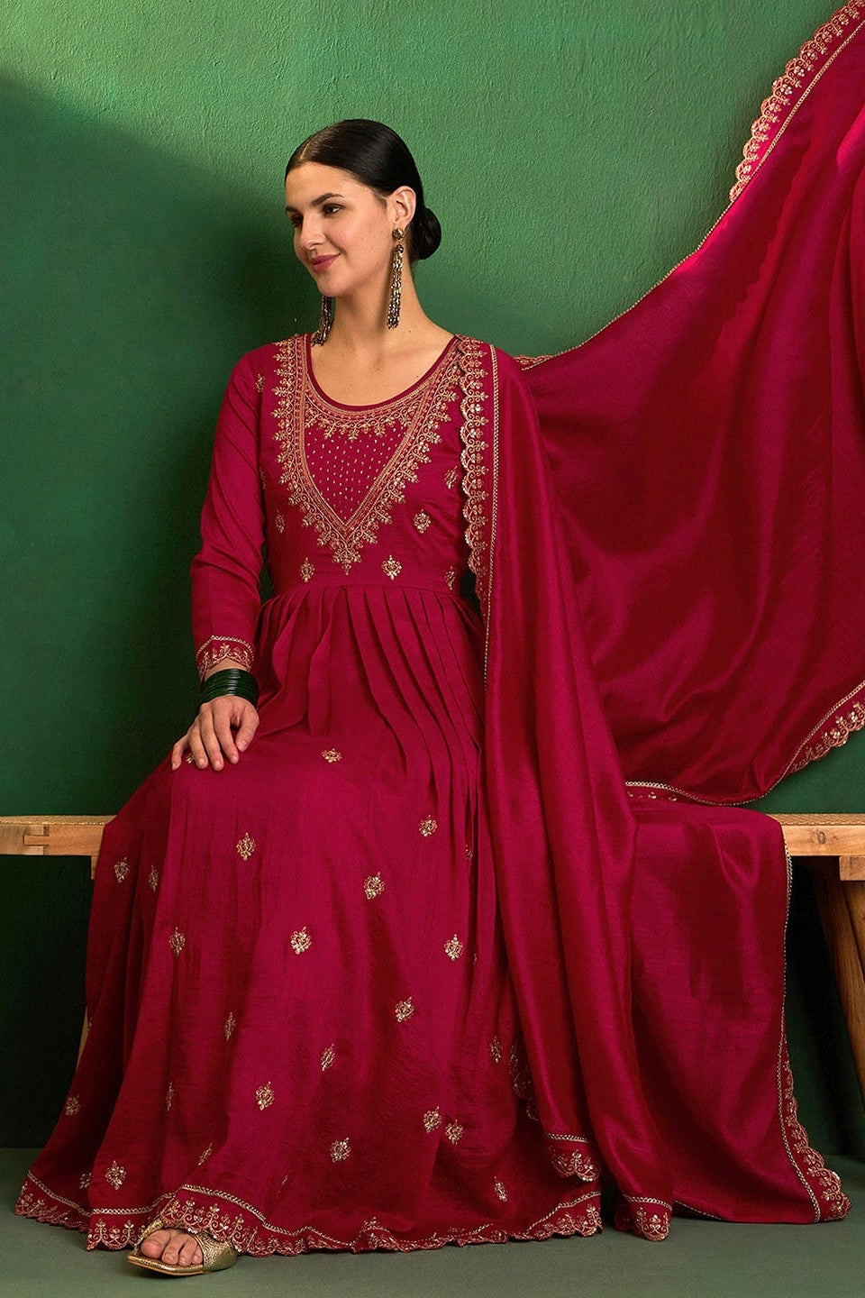 Shanaya Red Vichitra Silk Embroidered Kurta Set
