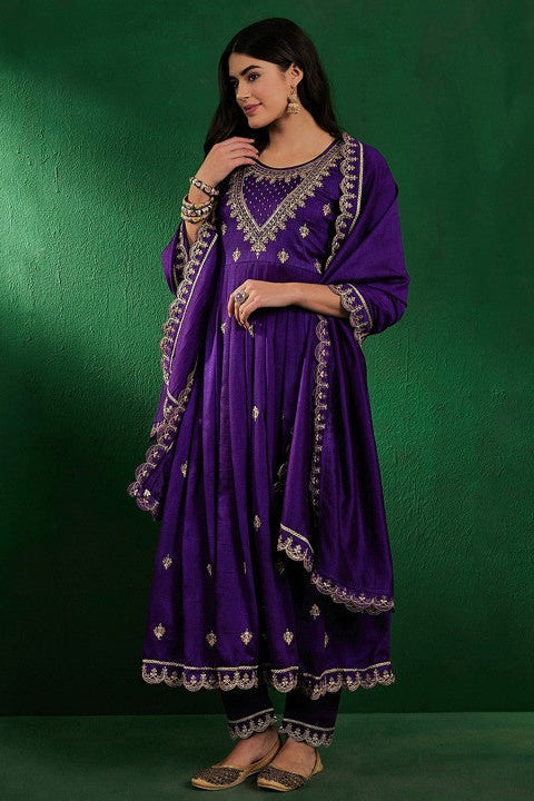 Shanaya Purple Vichitra Silk Embroidered Kurta Set