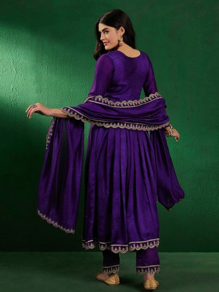 Shanaya Purple Vichitra Silk Embroidered Kurta Set