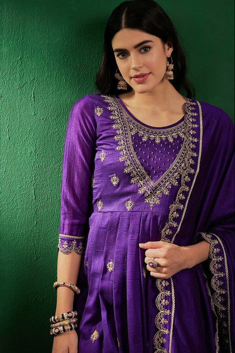 Shanaya Purple Vichitra Silk Embroidered Kurta Set
