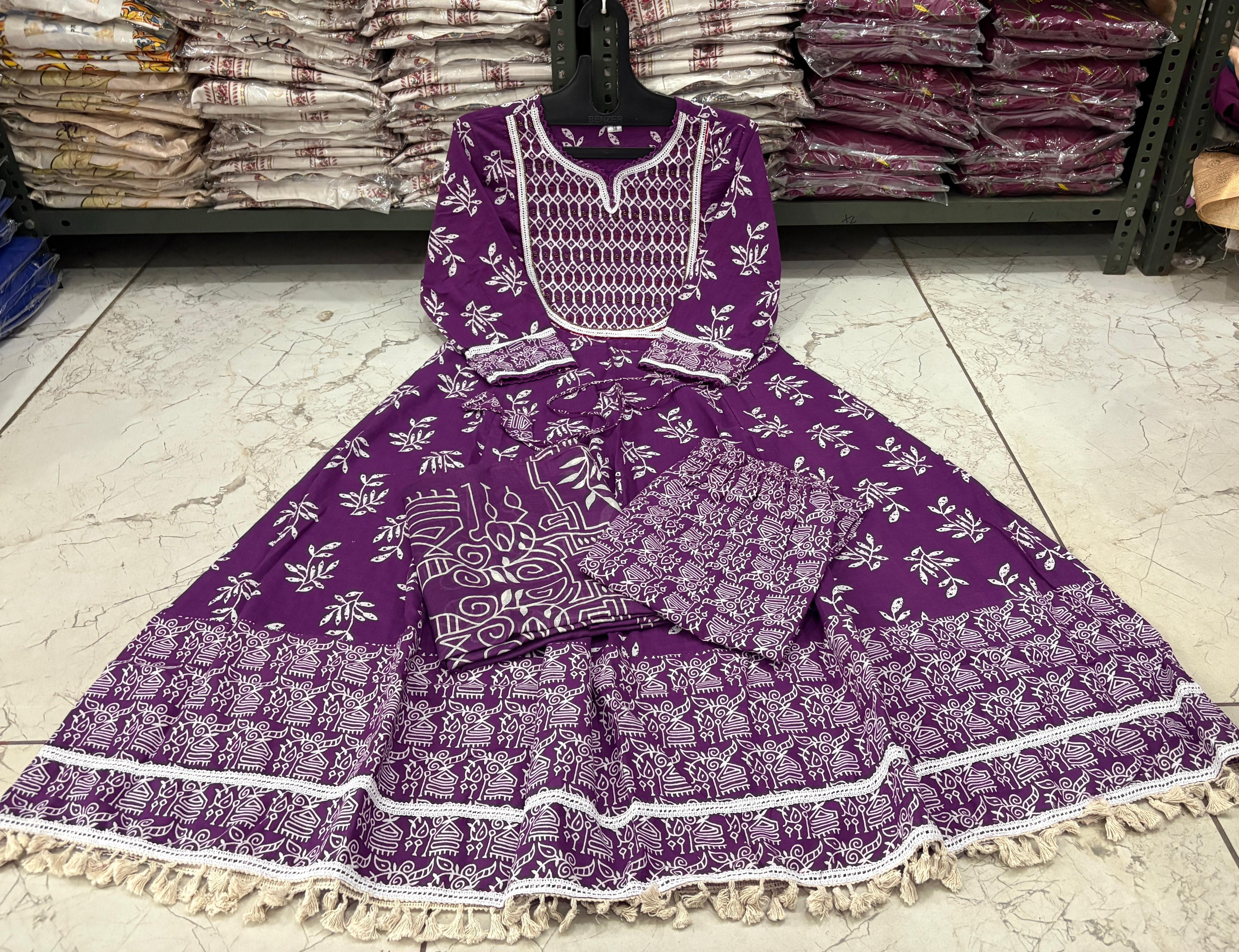 Purple Discharge Print Handwork Cotton Suit Set