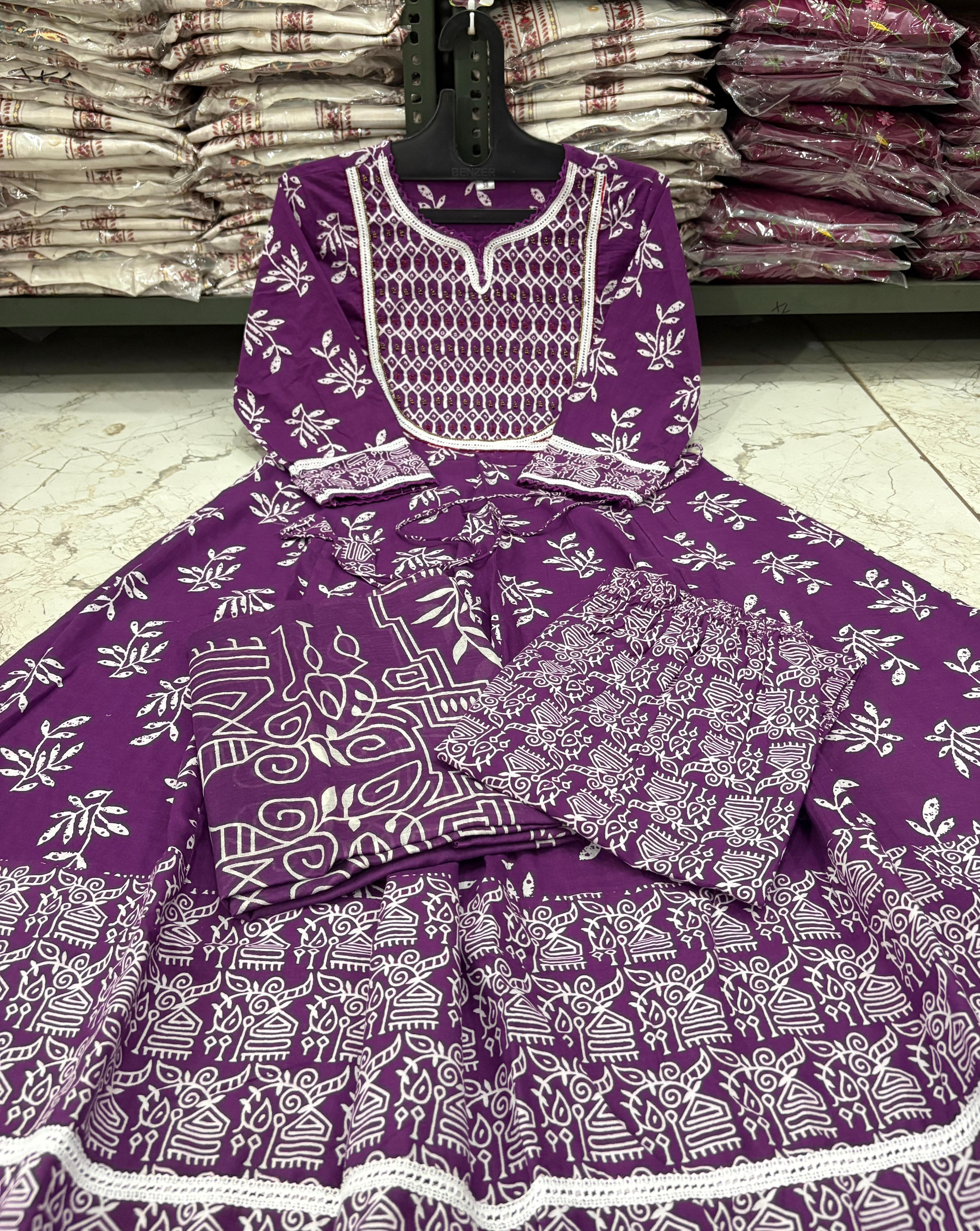 Purple Discharge Print Handwork Cotton Suit Set