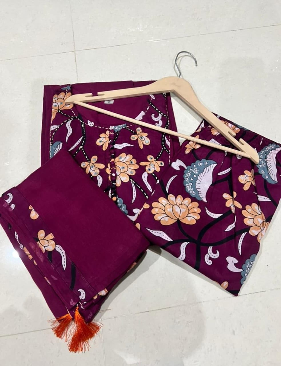 Meher Maroon Hand-Embroidered Cotton Suit Set