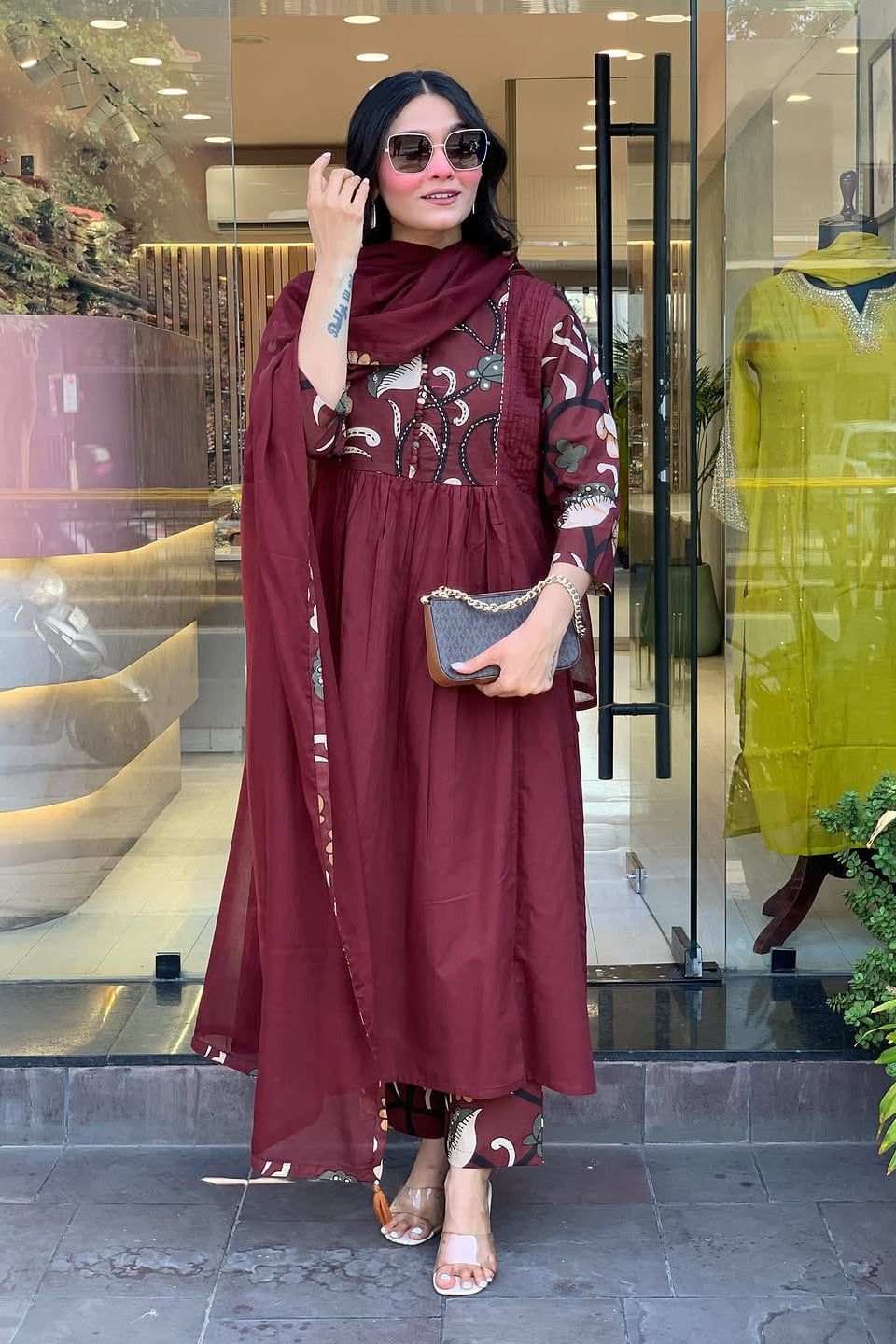 Meher Maroon Hand-Embroidered Cotton Suit Set