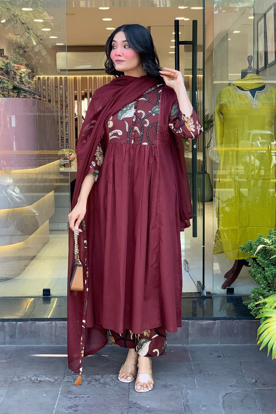Meher Maroon Hand-Embroidered Cotton Suit Set