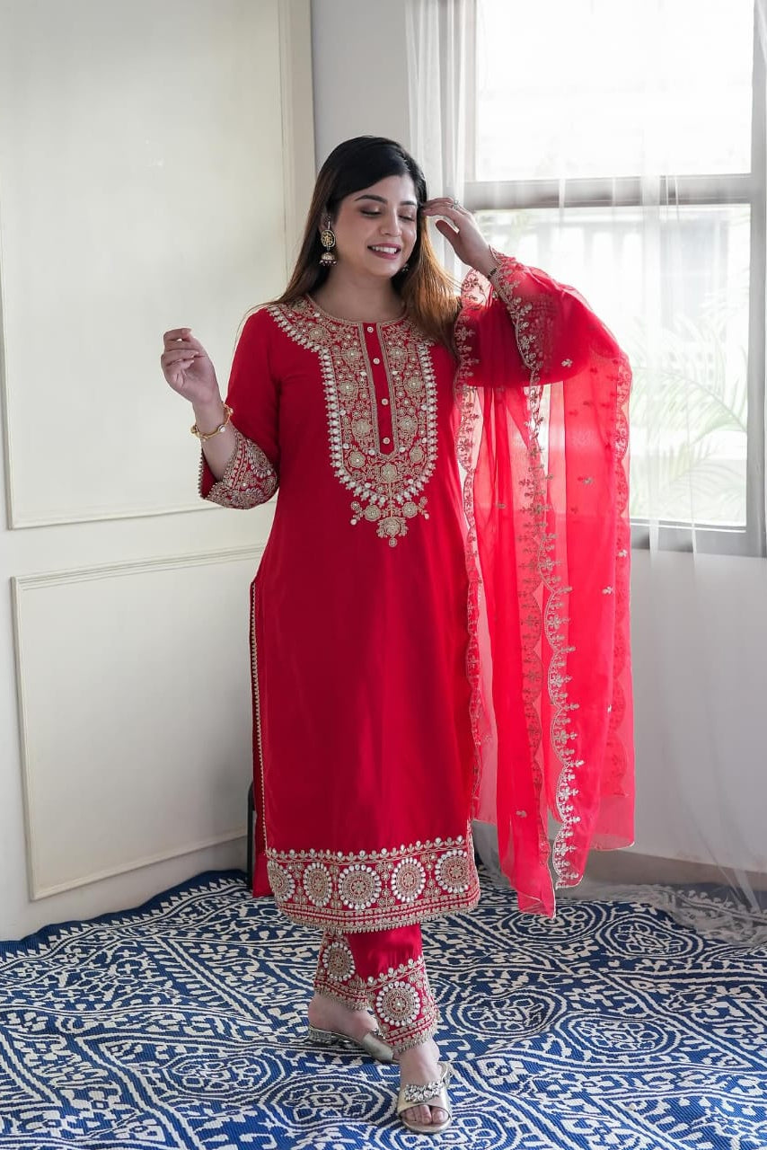 Premium Rang-De-Laal Zari Silk Suit Set