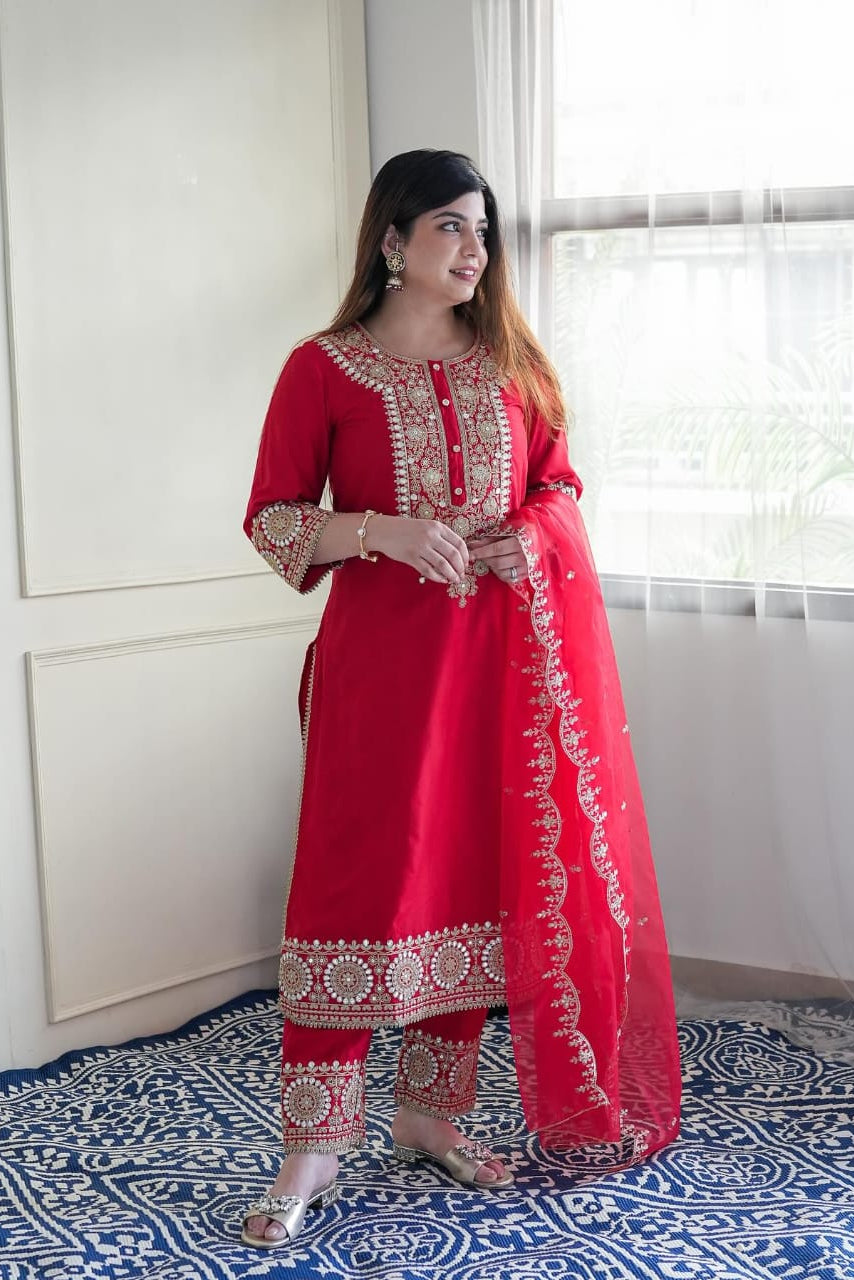Premium Rang-De-Laal Zari Silk Suit Set