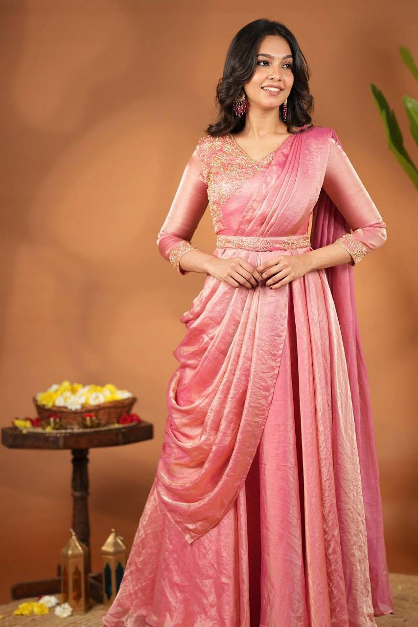 Vichitra Silk Pre-Draped Saree Anarkali Set
