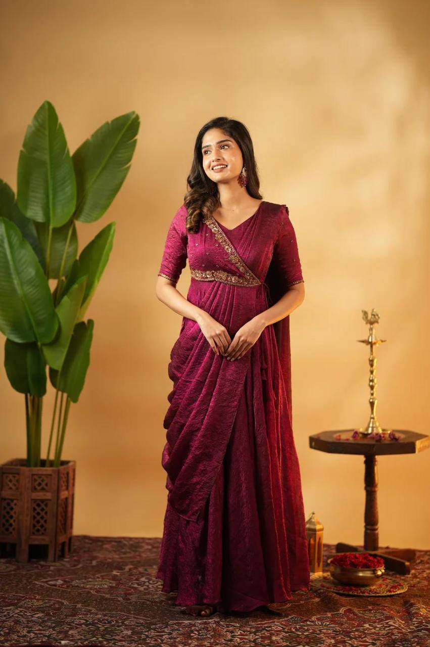 Vichitra Silk Pre-Draped Saree Anarkali Set