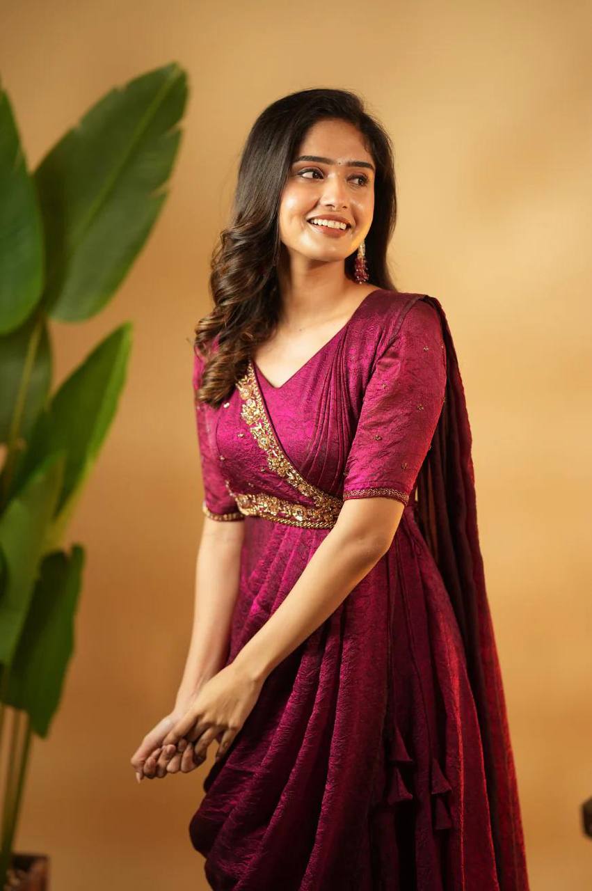 Vichitra Silk Pre-Draped Saree Anarkali Set