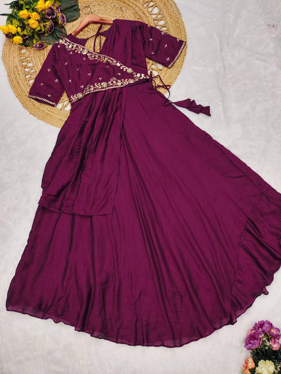 Vichitra Silk Pre-Draped Saree Anarkali Set