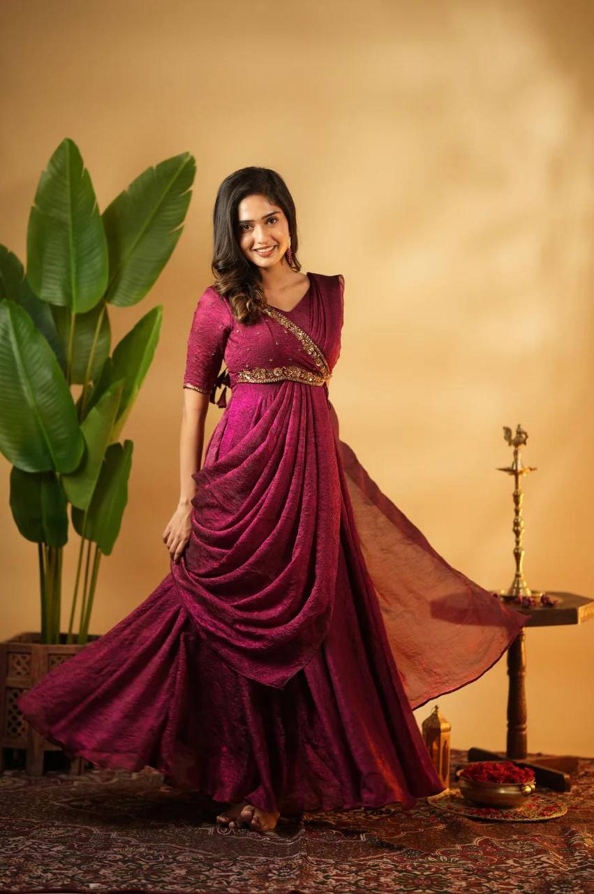 Vichitra Silk Pre-Draped Saree Anarkali Set