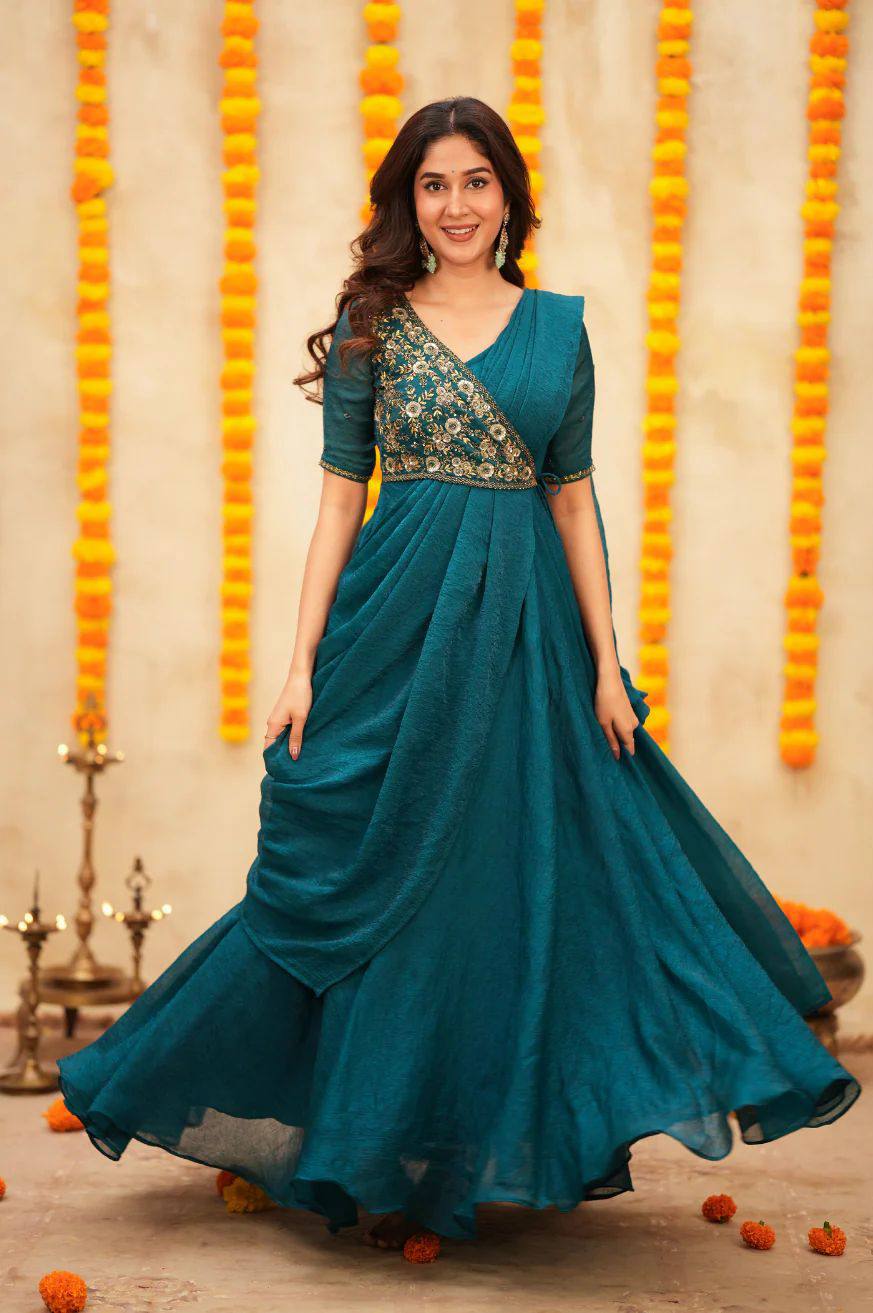 Vichitra Silk Pre-Draped Saree Anarkali Set