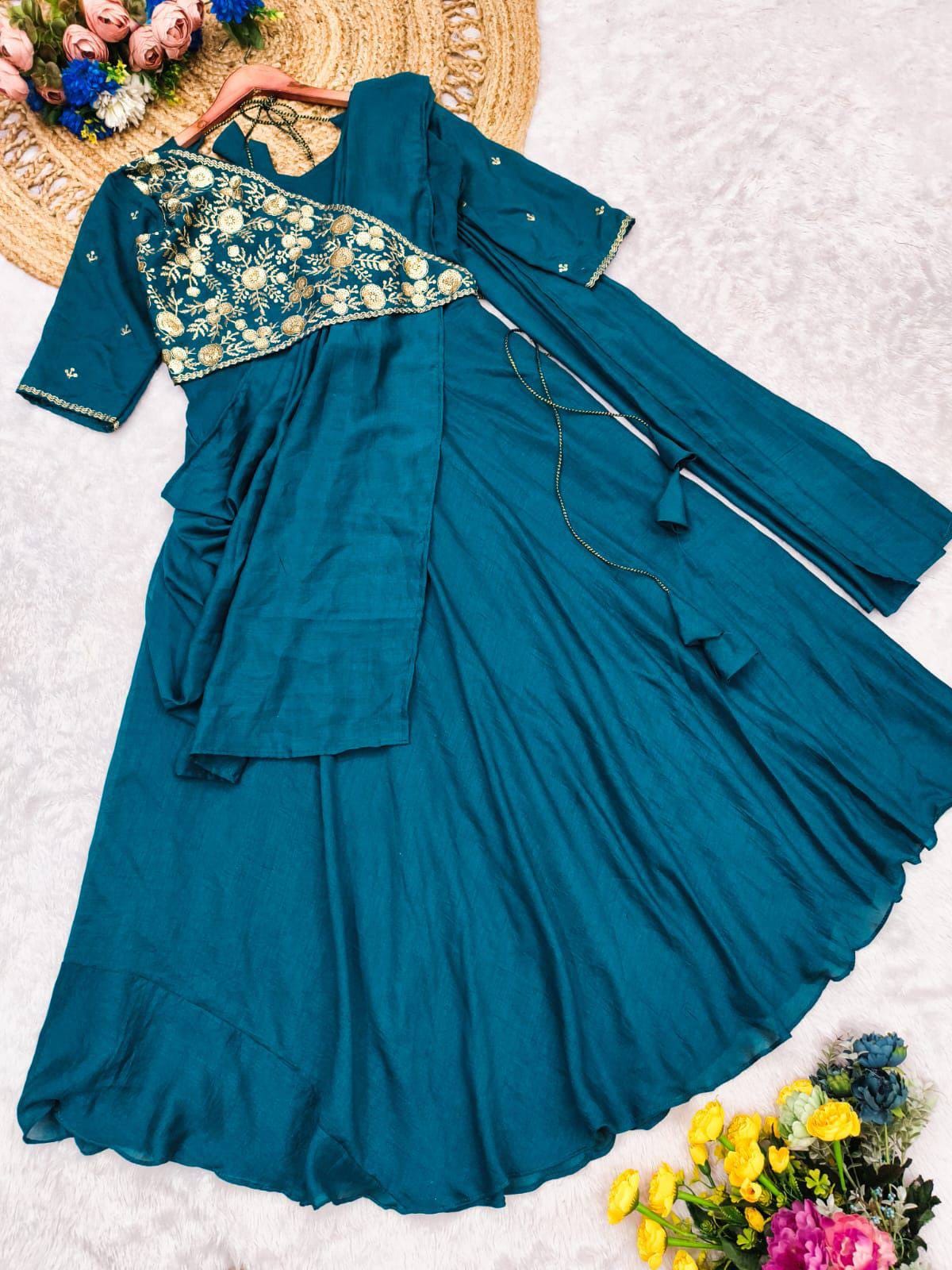 Vichitra Silk Pre-Draped Saree Anarkali Set