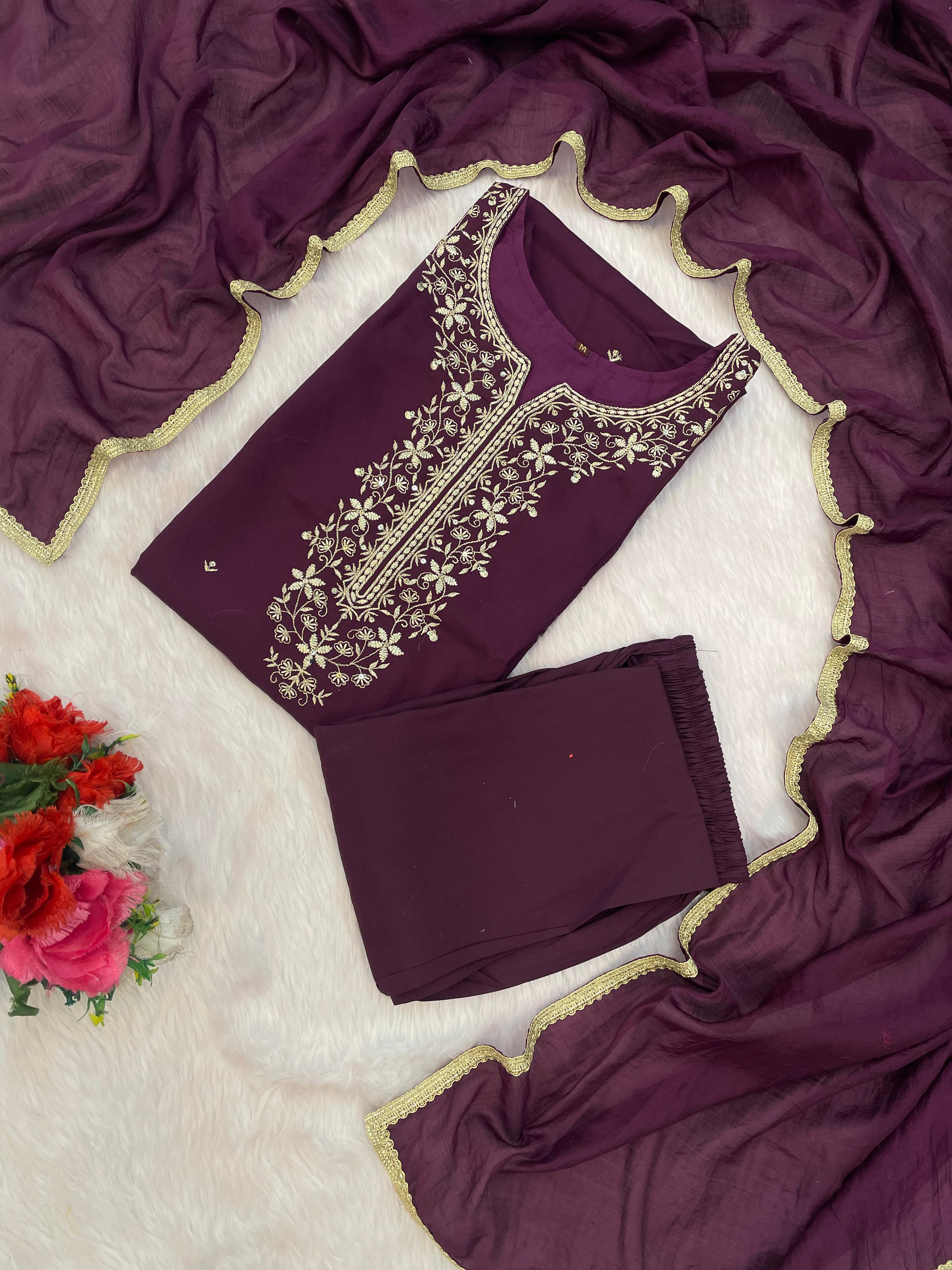 Roman Silk Embroidered Kurta Pant Set